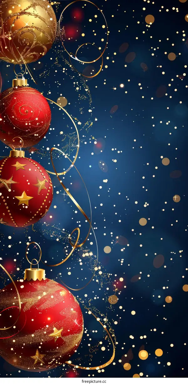 Christmas ornaments hanging on a dark blue background with golden snowflakes