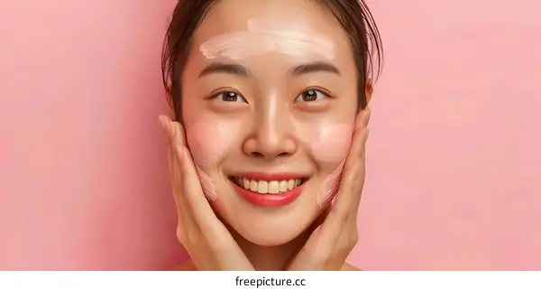 Happy Asian Woman Applying Skin Care Products On Face