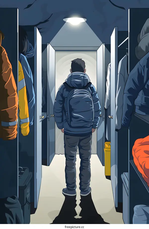 Man Standing in a Dark Hallway with Backpack