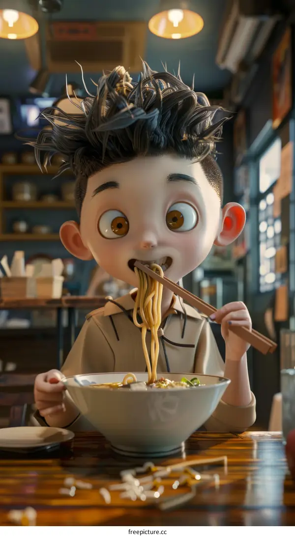 Illustration of a boy eating ramen with chopsticks