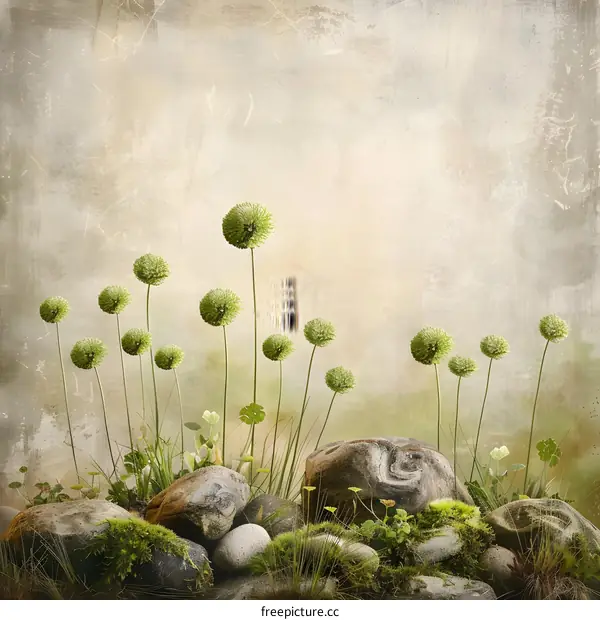 Vintage Green Flower Bloom and Rock Background