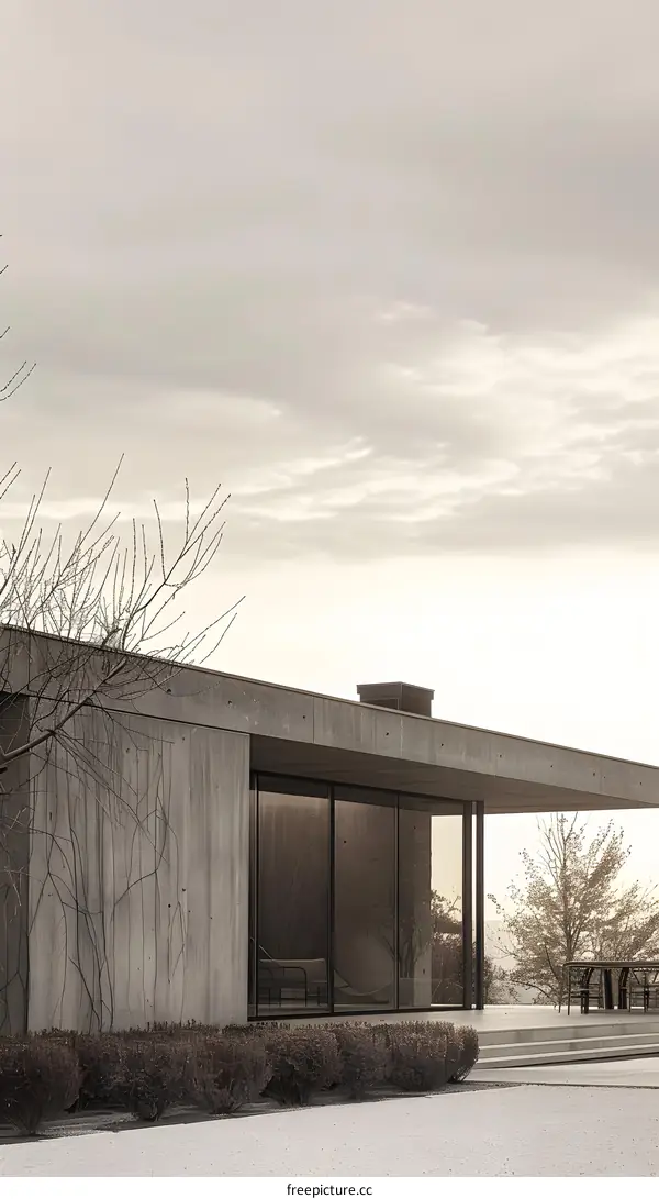 Modern Concrete House with Large Glass Windows and a Cloudy Sky