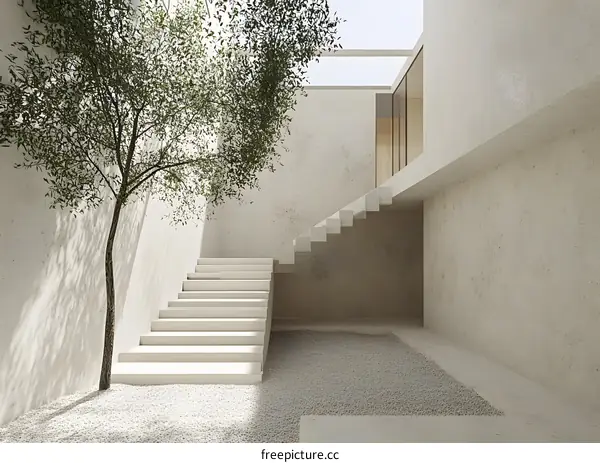 Minimalist Modern Interior Design with Staircase and Tree