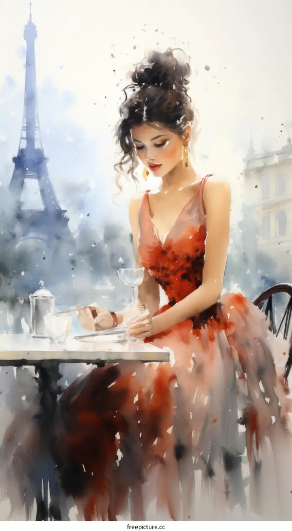 An elegant lady in red dress is sitting at a cafe table in Paris