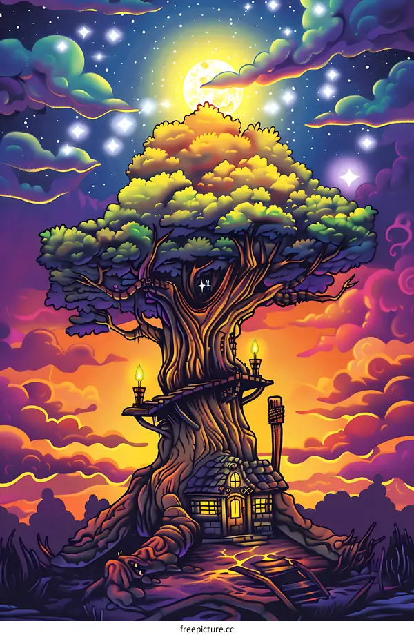 Fantasy Treehouse with Moon and Stars