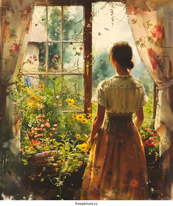 An oil painting of a woman standing at the window