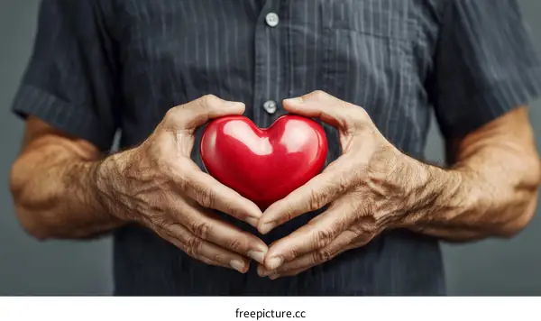 Mature Man Holds a Red Heart Symbolically