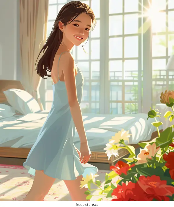 Smiling Girl in a Sunlit Bedroom