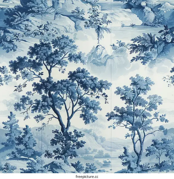 Blue and white chinoiserie wallpaper with blue trees and mountains