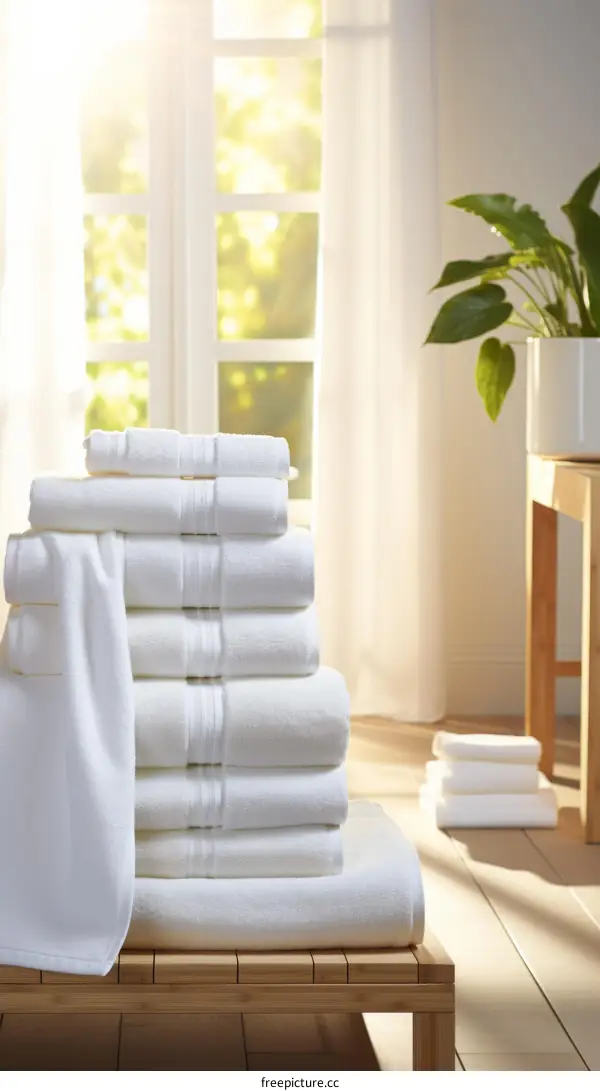 Soft White Towels Stacked on a Wooden Bench