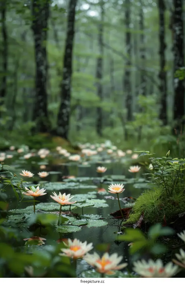 Mystical pond in the heart of a lush forest with blooming water lilies