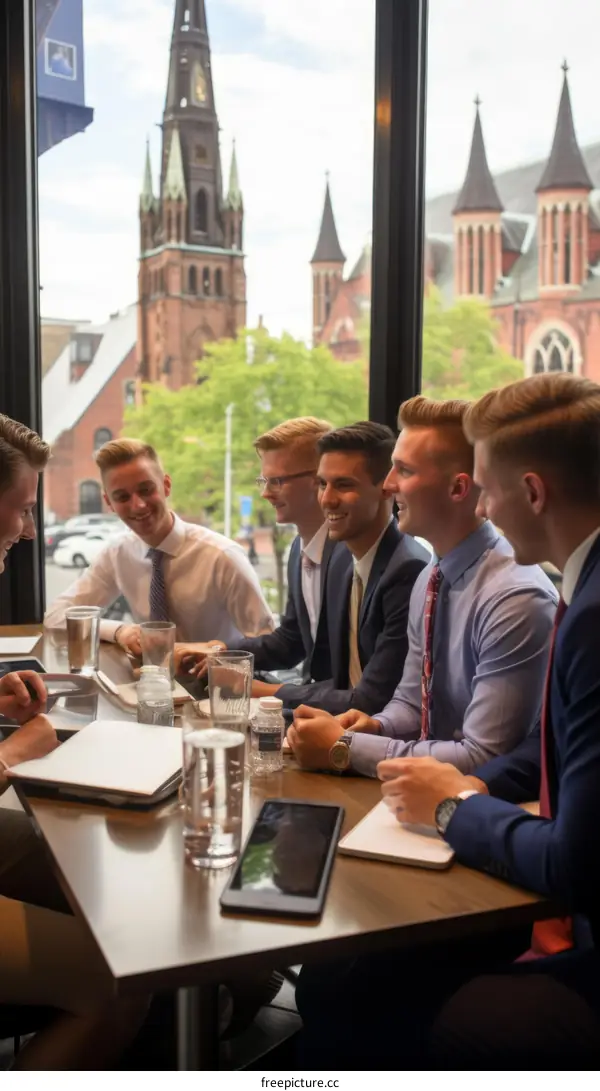 A group of young businessmen are sitting around a table in a restaurant laughing and talking.