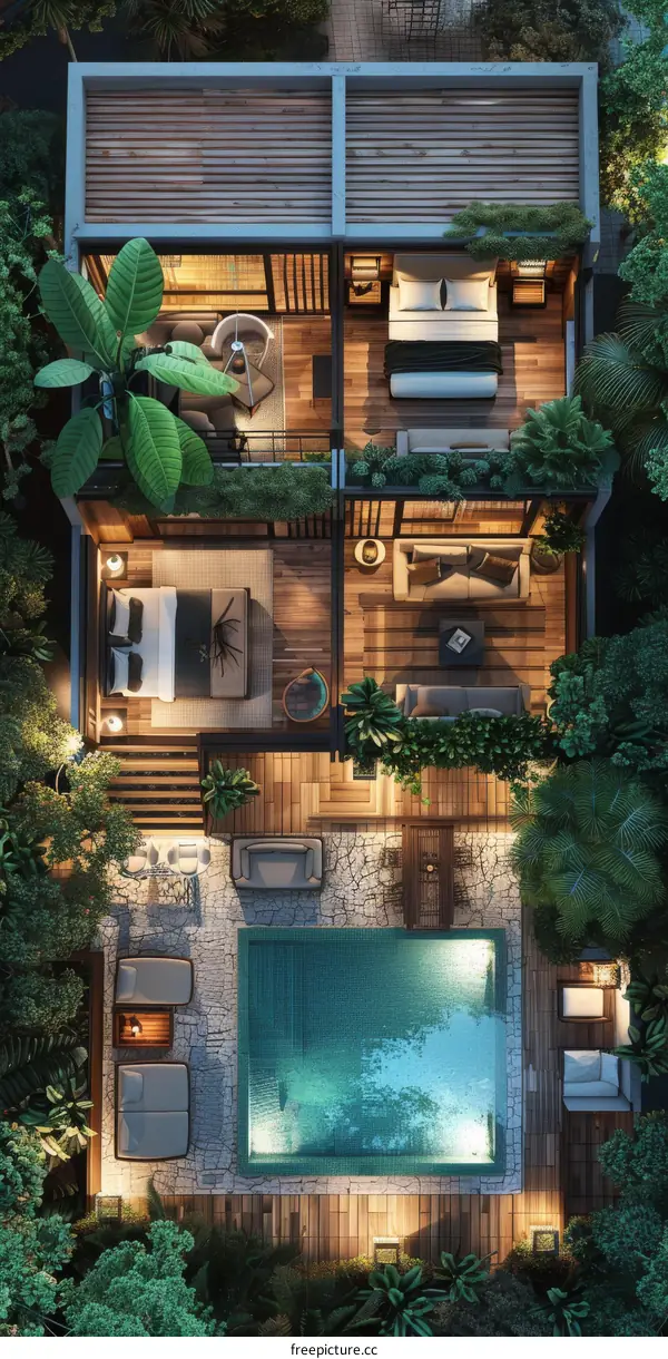 Modern Tropical Cabin with Pool and Lush Landscaping