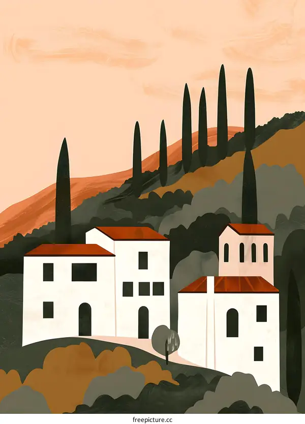 Abstract Landscape With White Houses and Cypress Trees