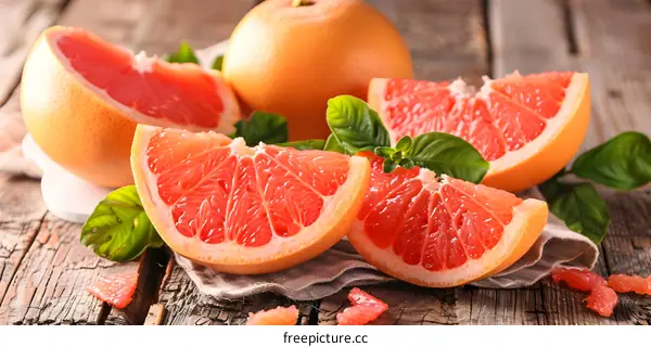 Freshly Cut Grapefruit Slices on Wooden Table