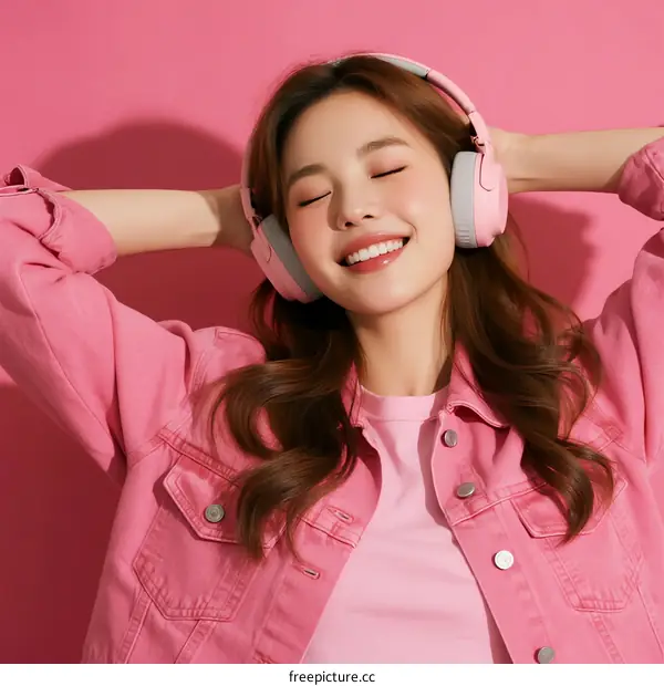 Young Woman Wearing Pink Denim Jacket and Headphones Enjoying Music