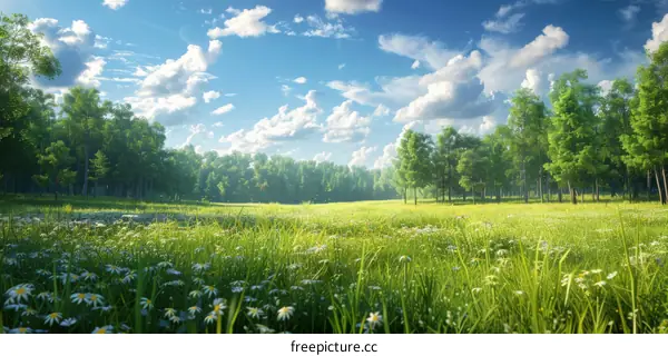 White Flowers Blooming in a Green Field Under a Blue Sky