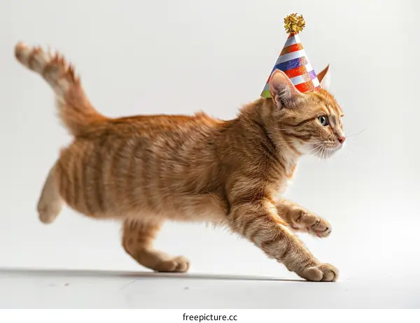 A ginger cat wearing a party hat is running