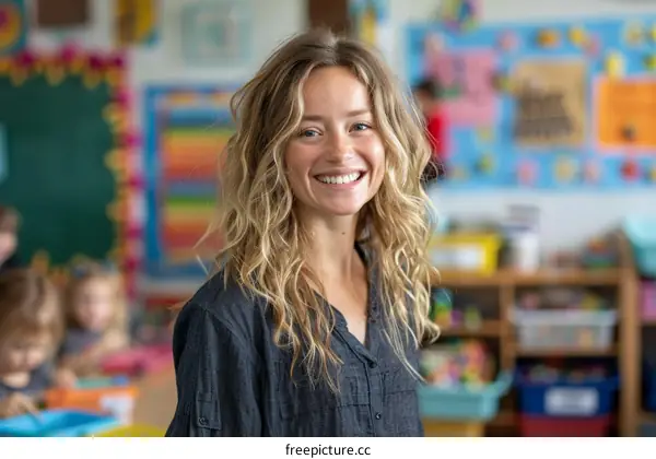 Portrait of a smiling young female teacher in a classroom