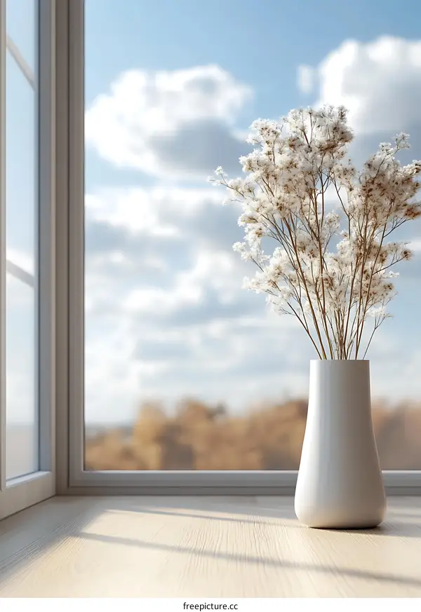 White Vase with Dried Flowers on Window Sill