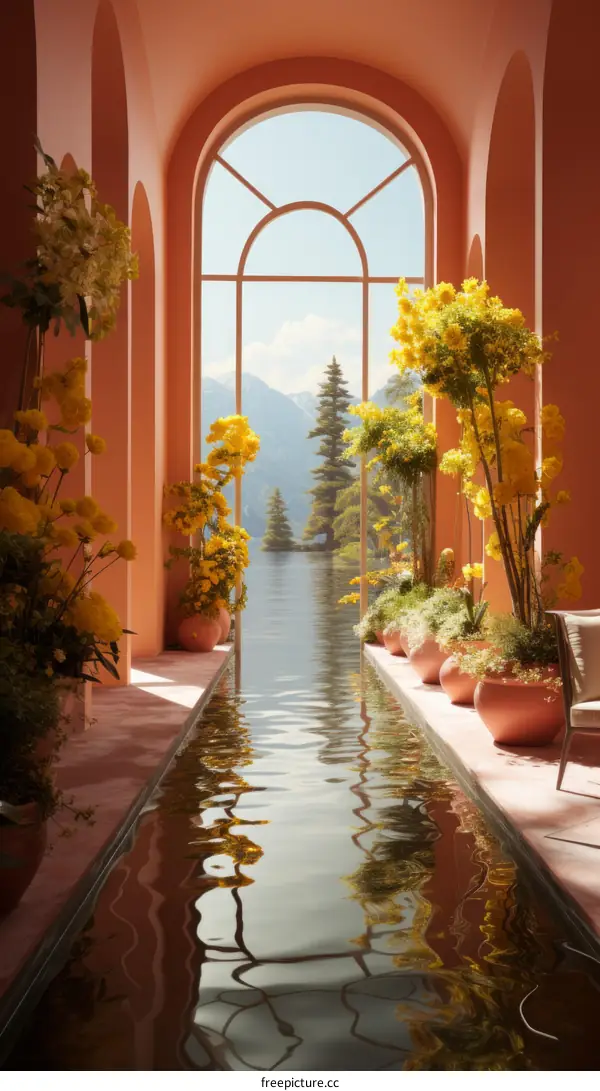 Indoor Oasis: Reflection Pool with Yellow Flowers and Expansive Windows