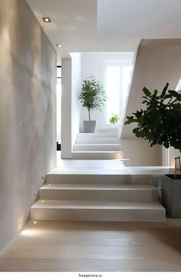 Modern Minimalist Staircase Design with White Walls and Plants