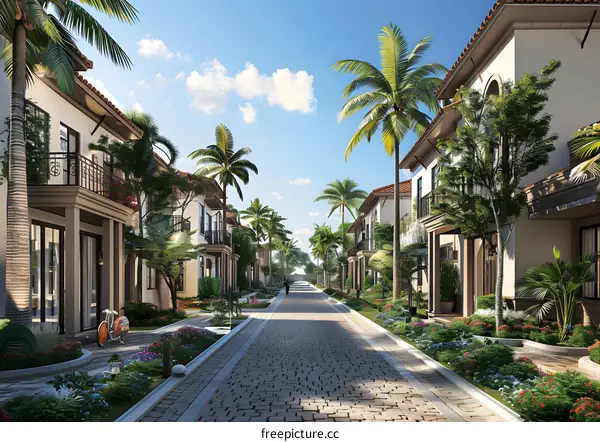Palm Tree Lined Street In Front Of Homes