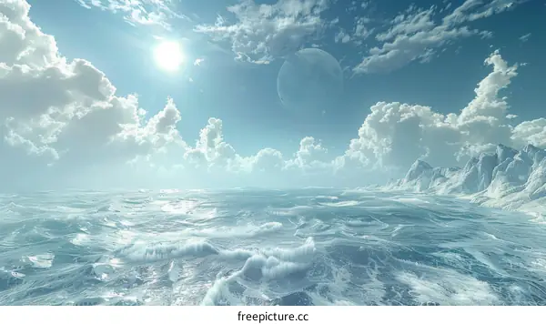 Stunning Alien Planet Landscape with Azure Waters and Moonlit Sky