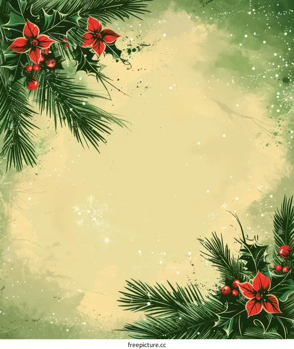 Christmas vintage background with poinsettia and holly