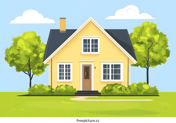 Yellow Suburban House with Green Trees and Clouds