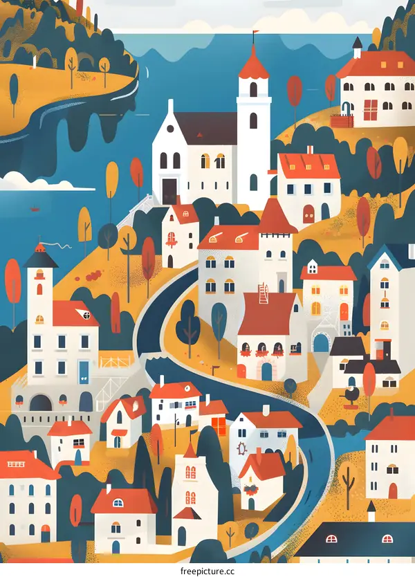 Colorful Illustration of a European Town