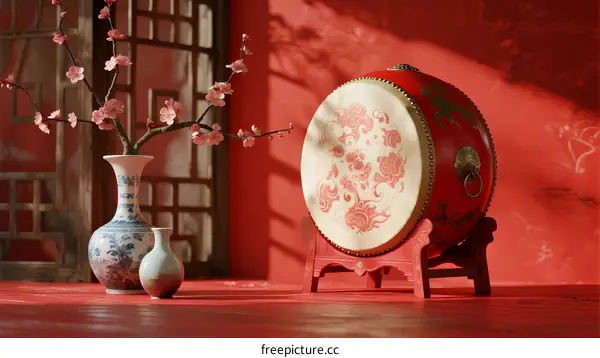 Traditional Chinese Decorative Drum and Cherry Blossom Vase Arrangement
