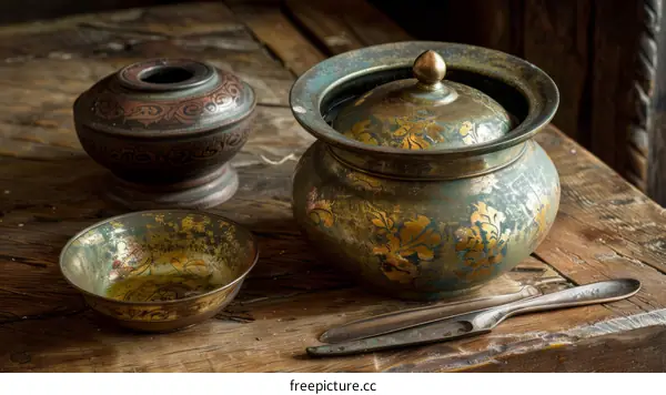Antique Metal Bowl and Jug Still Life