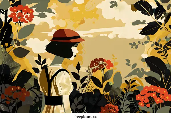 Woman in a Red Hat Standing in a Garden