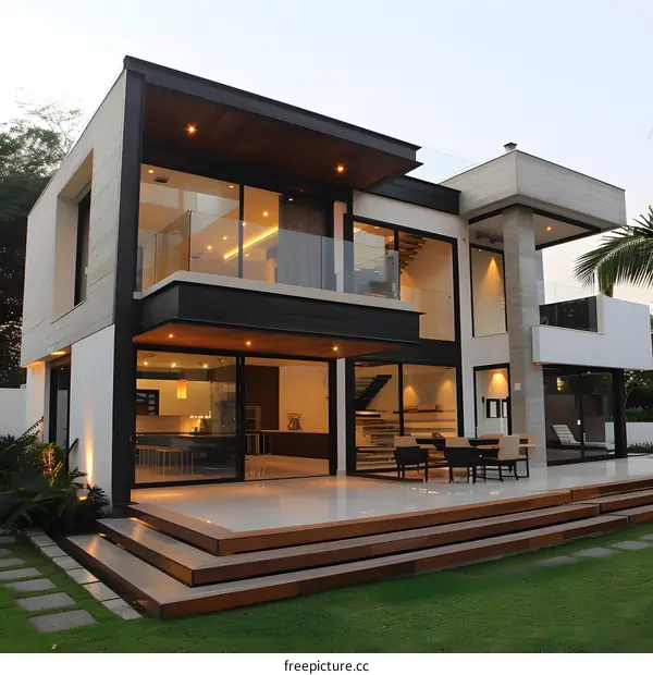 Modern House with Large Windows and Wooden Deck