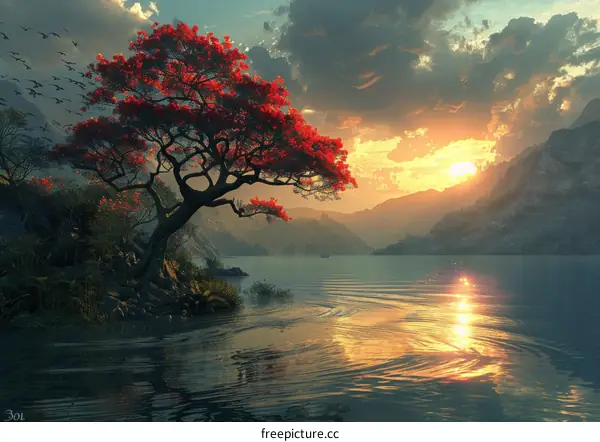 Fantasy Sunset Landscape with Red Tree and Lake Reflection