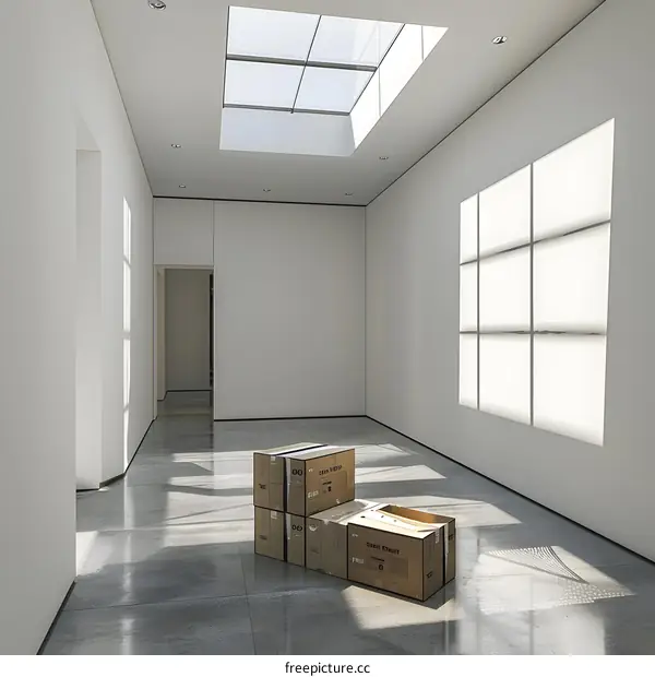 Empty Modern Gallery Room With Cardboard Boxes