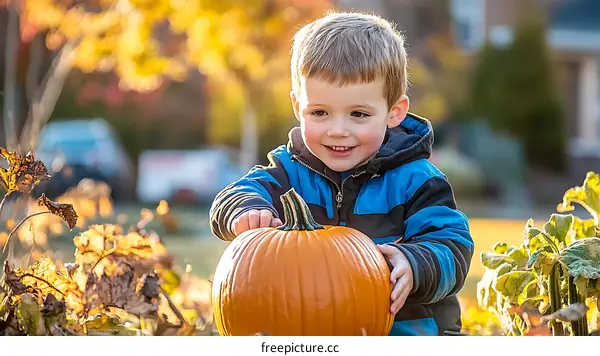 Boy Holding a Pumpkin in Autumn
