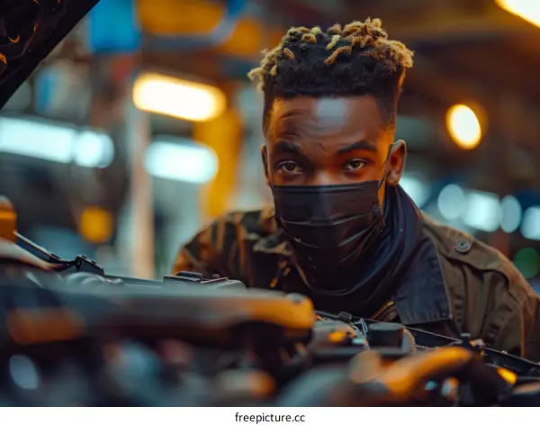 Black man wearing a mask looking at a car engine