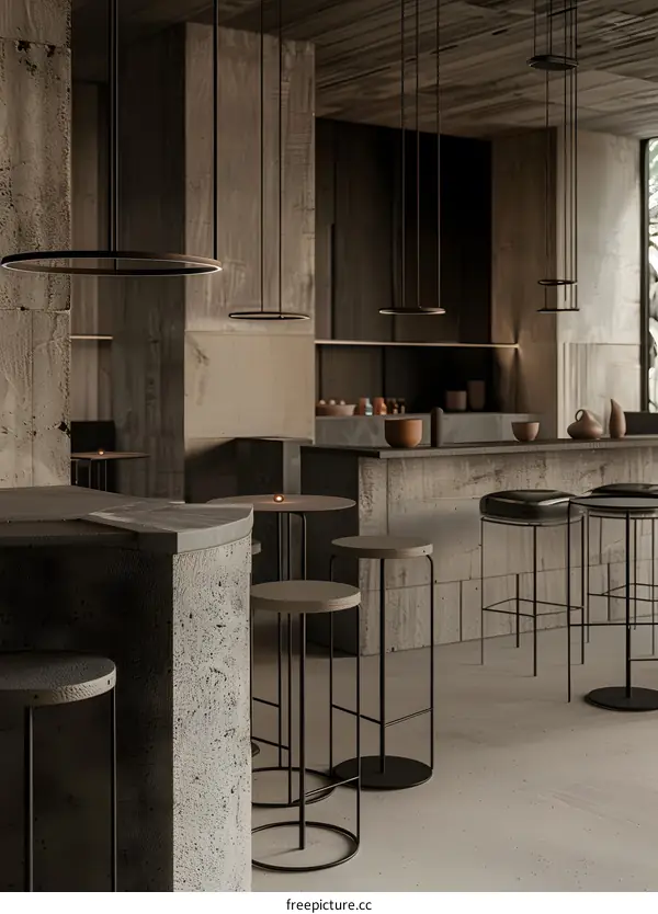 Minimalist Interior Design with Concrete and Black Metal Bar Stools