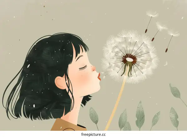 Girl Blowing Dandelion Seeds in Summer