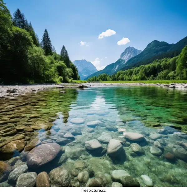 Tranquil mountain river flows through lush valley