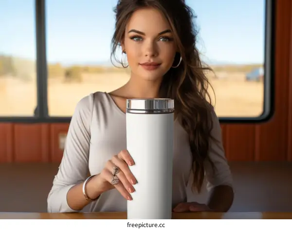 Brunette woman with green eyes holding a white tumbler