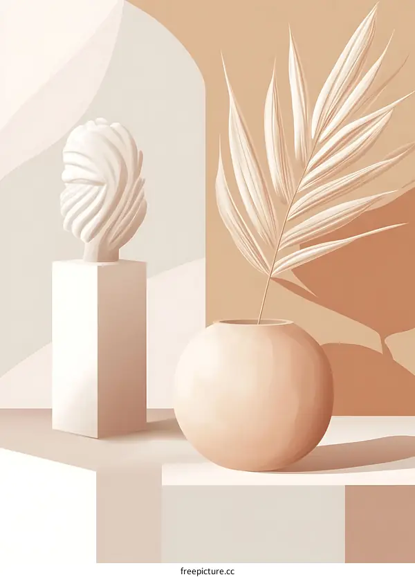 Abstract Minimalist Illustration of a White Sculpture and Palm Leaf in a Vase