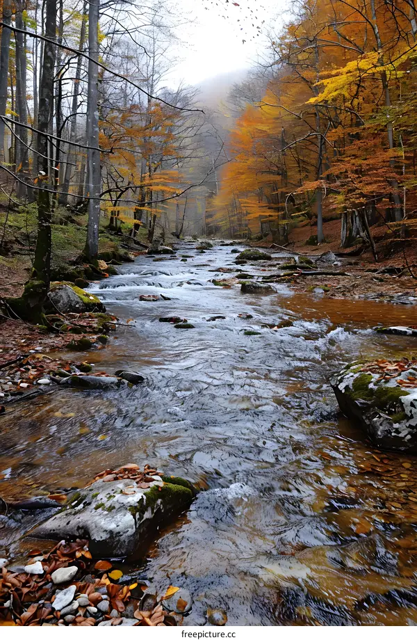 Autumn Creek Flowing Through the Forest