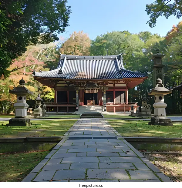 A photo of a small Japanese temple with a long walkway leading up to it