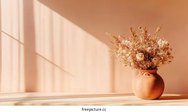 Dried flowers in terracotta vase indoor still life