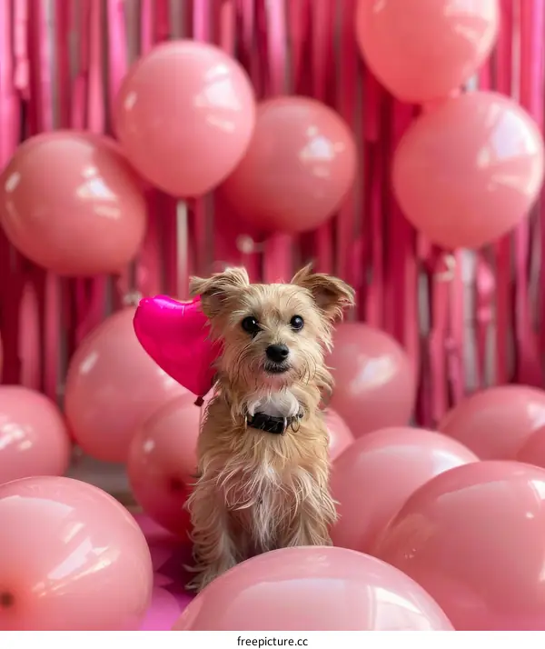 Adorable Small Dog Surrounded by Pink Party Balloons
