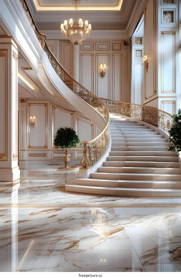 Elegant White Marble Staircase with Gold Railings in Luxurious Interior