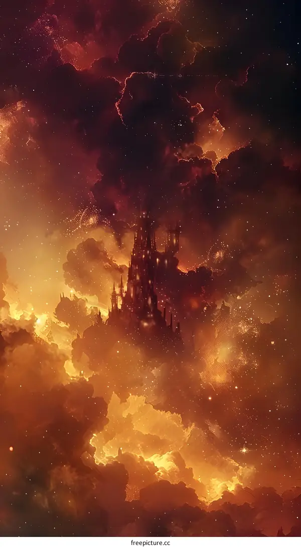 Fantasy Castle in the Sky with Golden Clouds and Stars